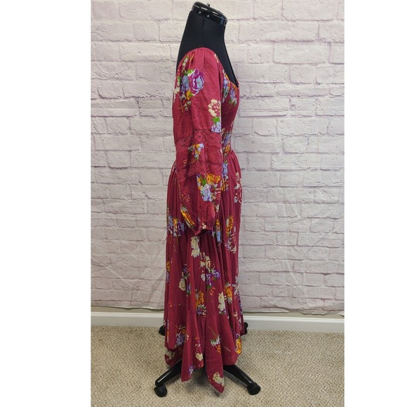 Free People Floral Smocked Midi Dress Burgundy Red XL/XS New With Flaws - Picture 2 of 15
